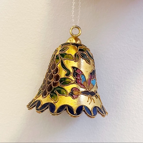 Gold Tone Cloisonné Enamel Butterfly Grape Holiday Bell Ornament - Picture 6 of 10